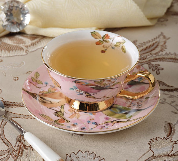 Elegant Ceramic Coffee Cups, 7.4 oz British Tea Cups, Bird Porcelain Tea Cup Saucer Set, Tea Cup and Saucer in Gift Box as Birthday Gift-Grace Painting Crafts