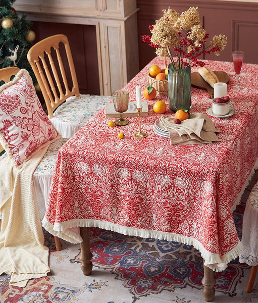 Large Fiberflax Rectangle Tablecloth for Home Decoration, Red Flower Pattern Tablecloth for Holiday Decoration, Square Tablecloth for Round Table-Grace Painting Crafts
