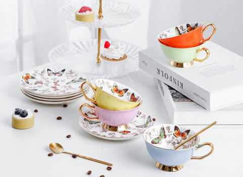 Unique Butterfly Coffee Cups and Saucers, Creative Butterfly Ceramic Coffee Cups, Beautiful British Tea Cups, Creative Bone China Porcelain Tea Cup Set-Grace Painting Crafts