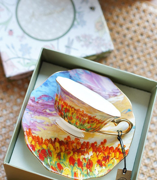 Elegant Ceramic Coffee Cups, Flower Field Vintage Porcelain Tea Cup Saucer Set, Unique British Tea Cup and Saucer in Gift Box, Royal Ceramic Cups-Grace Painting Crafts