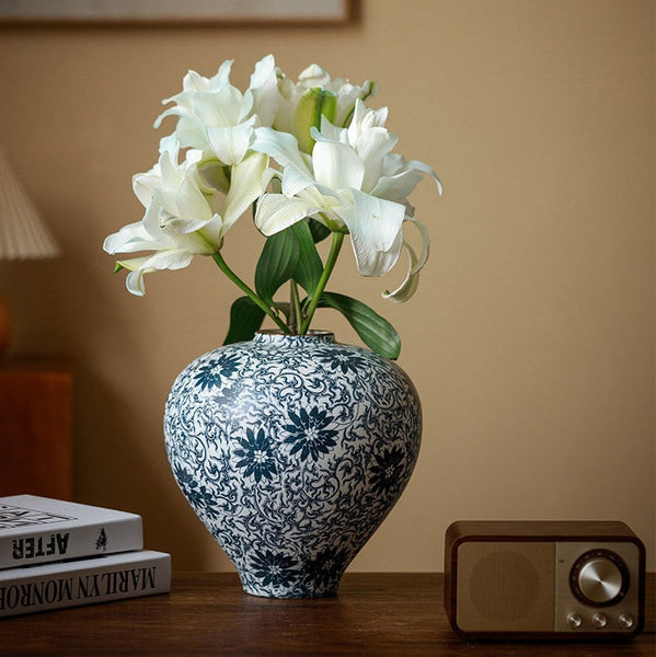 Vintage Bouquet Flower Vases, Centerpiece on Dining Table, Large Blue Flower Vase on Table, Handmade Porcelain Flower Vases Urn, Water Holding Flower Vases-Grace Painting Crafts