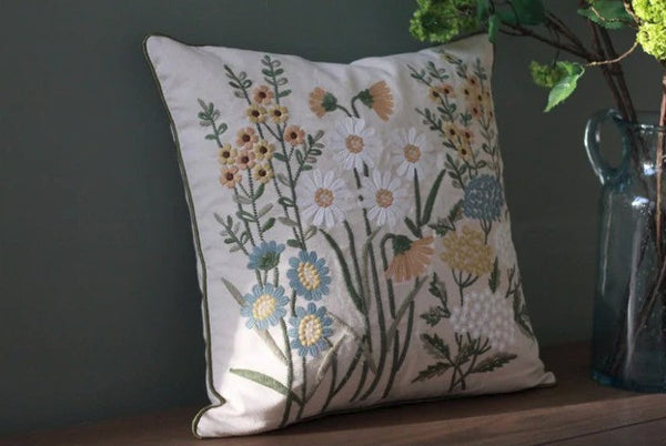 Decorative Pillows for Sofa, Flower Decorative Throw Pillows, Embroider Flower Cotton Pillow Covers, Farmhouse Decorative Throw Pillows-Grace Painting Crafts