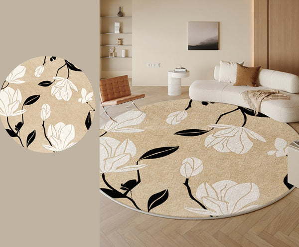 Modern Round Rugs under Coffee Table, Circular Rugs for Dining Table, Abstract Contemporary Rugs for Bedroom, Modern Cream Color Rugs for Living Room-Grace Painting Crafts