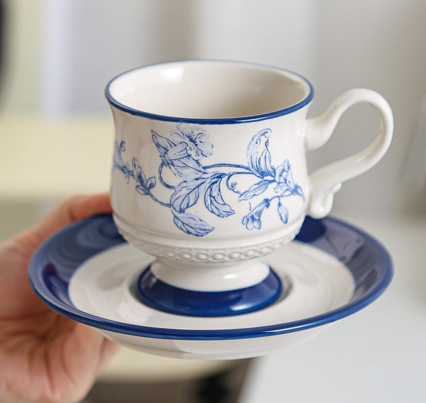 Creative Blue Coffee Cup and Saucer, 8 oz Ceramic Cups for Traditional Afternoon Tea, Creative Porcelain Tea Cup Saucer Set, Beautiful British Tea Cups-Grace Painting Crafts