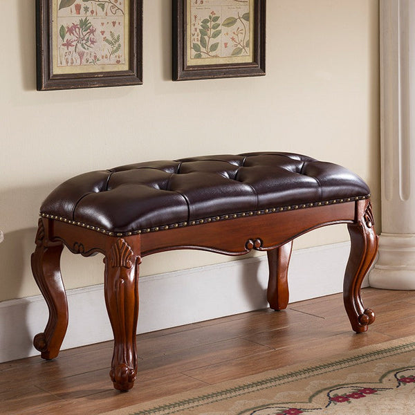 Genuine Leather Solid Wood Entry Bench, Rubber Wood Footstool, Vintage Brown Leather Stool, Farmhouse Entryway Bench, Leather Lounge Chair Modern, Dressing Table Stool-Grace Painting Crafts