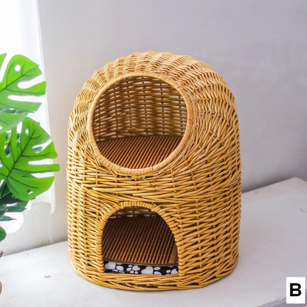 Large Double-Layer Cat Bed, Wicker Cat House Basket with Washable Cushion for Indoor Cats and Dogs-Grace Painting Crafts
