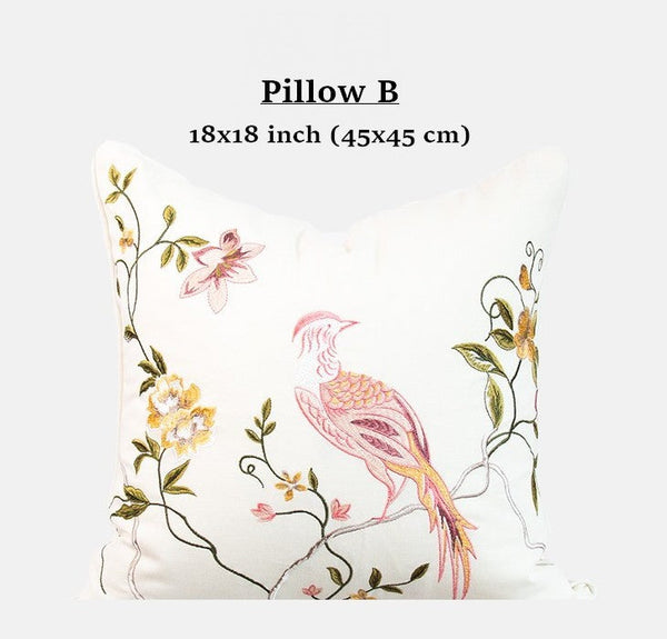 Decorative Pillows for Bed, Living Room Decorative Pillows, Modern Decorative Cushions, Decorative Pillow Arrangement Ideas for Interior Design, Embroidered Floral Bird Pattern Pillow Covers-Grace Painting Crafts