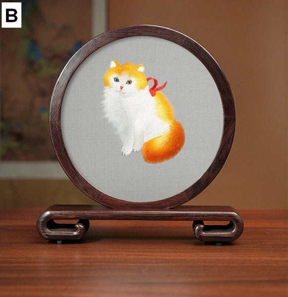 Unique Birthday Gift, Traditional Chinese Suzhou Kitten Embroidery Ornament, Lovely Kitty Cat Embroidered Decor, Premium Souvenir, Exclusive Business Present-Grace Painting Crafts