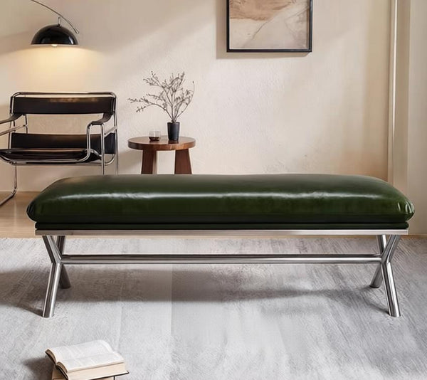 Contemporay Bedroom Bench, Luxury Genuine Leather Entry Bench, Upholstered Shoe Bench, Narrow Entryway Bench, Modern Shoe Changing Ottoman, Mid-Century Hall Bench-Grace Painting Crafts