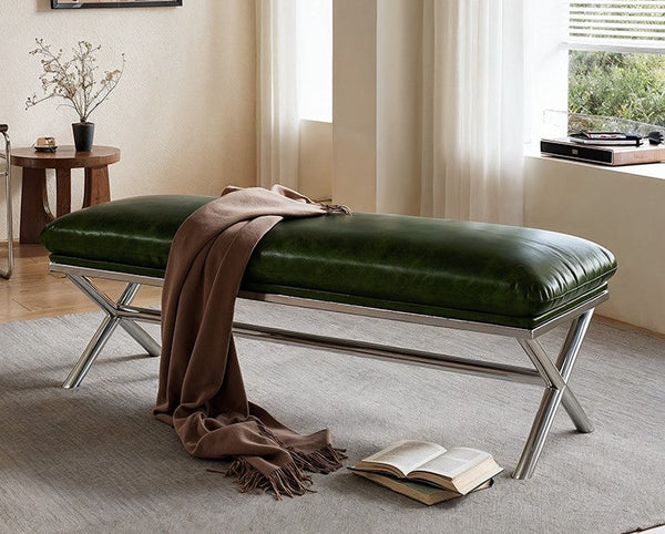 Contemporay Bedroom Bench, Luxury Genuine Leather Entry Bench, Upholstered Shoe Bench, Narrow Entryway Bench, Modern Shoe Changing Ottoman, Mid-Century Hall Bench-Grace Painting Crafts