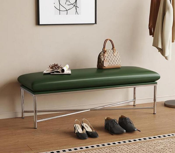 Narrow Entryway Bench, Modern Shoe Changing Ottoman, Mid-Century Hall Bench, Luxury Genuine Leather Entry Bench, Upholstered Shoe Bench, Contemporay Bedroom Bench-Grace Painting Crafts