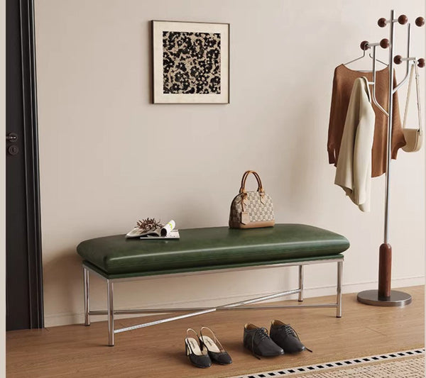 Narrow Entryway Bench, Modern Shoe Changing Ottoman, Mid-Century Hall Bench, Luxury Genuine Leather Entry Bench, Upholstered Shoe Bench, Contemporay Bedroom Bench-Grace Painting Crafts