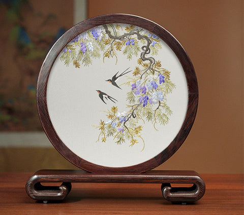 Silk Embroidered Ornament, Premium Souvenir, Exclusive Business Presents, Creative Birthday Gift, Traditional Chinese Suzhou Flower and Birds Embroidery Ornaments-Grace Painting Crafts