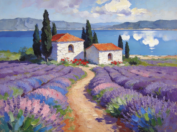 Small Wall Paintings, Lavender Fields and White Cottages, Simple Painting Ideas, Landscape Canvas Paintings, Impasto Wall Art Paintings, On Canvas Small Paintings-Grace Painting Crafts