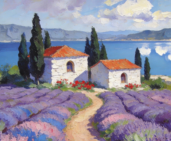 Small Wall Paintings, Lavender Fields and White Cottages, Simple Painting Ideas, Landscape Canvas Paintings, Impasto Wall Art Paintings, On Canvas Small Paintings-Grace Painting Crafts