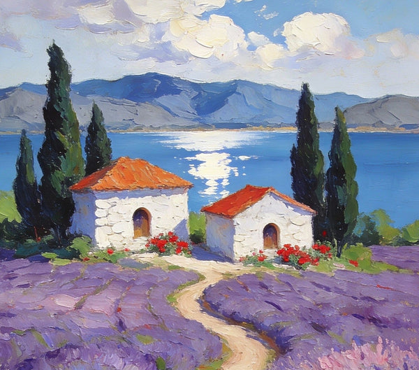 Sunlit Lavender Fields with White Cottages Impasto Paintings, Small Oil Paintings, Small Wall Paintings, Landscape Artwork Canvas Paintings, Small Original Paintings-Grace Painting Crafts