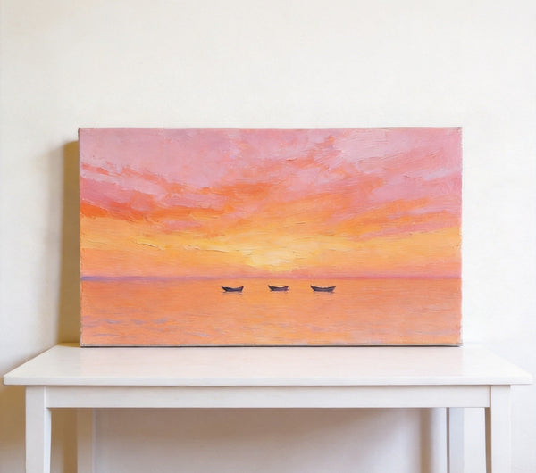 Hand Painted Canvas Artwork, Boats Adrift in Sunset Glow, Small Canvas Wall Art Paintings, Sunset Paintings, Original Seascape Paintings-Grace Painting Crafts