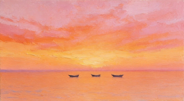 Hand Painted Canvas Artwork, Boats Adrift in Sunset Glow, Small Canvas Wall Art Paintings, Sunset Paintings, Original Seascape Paintings-Grace Painting Crafts
