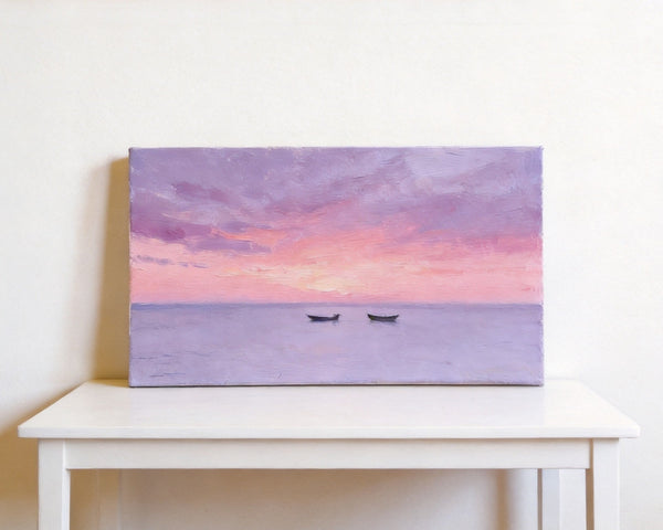 Small Canvas Paintings, Sunset Paintings, Silence of the Twilight Sea, Original Seascape Paintings, Hand Painted Canvas Wall Art-Grace Painting Crafts