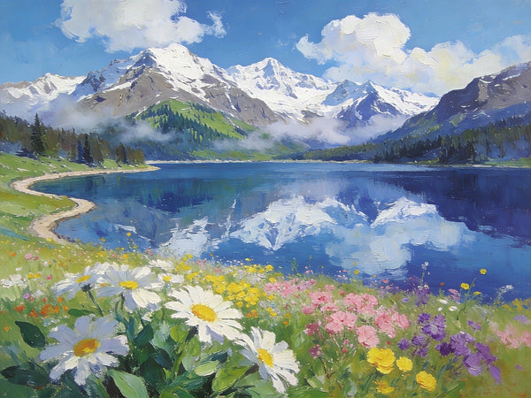 Snow-Capped Peaks Reflected in the Lake, Hand Painted Canvas Art, Small Oil Paintings on Canvas, Small Original Oil Paintings, Small Landscape Paintings-Grace Painting Crafts