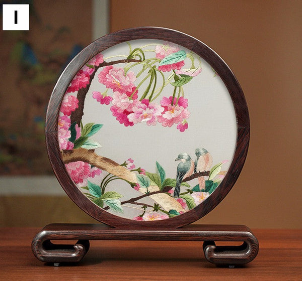 Premium Souvenir, Silk Embroidered Ornament, Exclusive Business Presents, Creative Birthday Gift, Traditional Chinese Suzhou Flower and Birds Embroidery Ornaments-Grace Painting Crafts