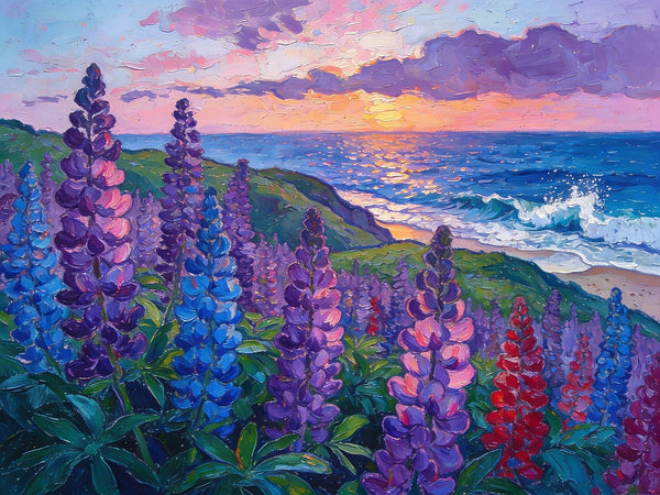 Seaside Lupines in Bloom, Heavy Texture Paintings, Original Small Landscape Paintings, Small Oil Paintings on Canvas, Small Paintings on Canvas, Hand Painted Canvas Art-Grace Painting Crafts