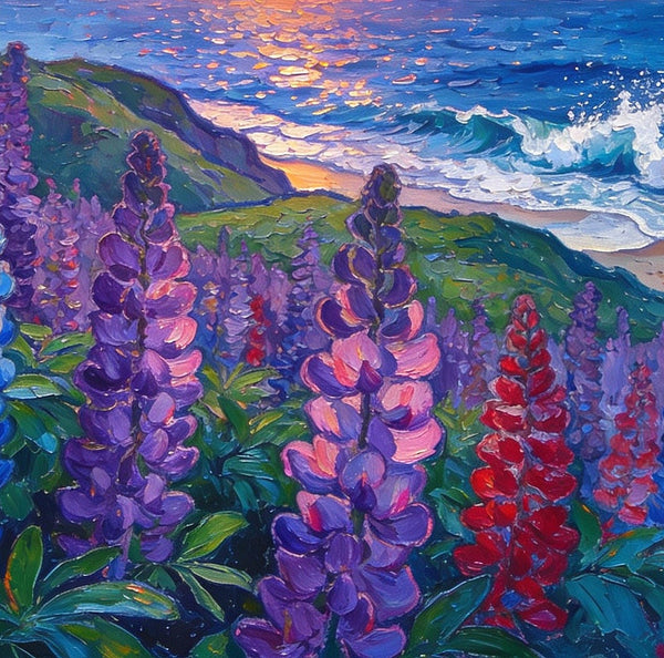 Seaside Lupines in Bloom, Heavy Texture Paintings, Original Small Landscape Paintings, Small Oil Paintings on Canvas, Small Paintings on Canvas, Hand Painted Canvas Art-Grace Painting Crafts