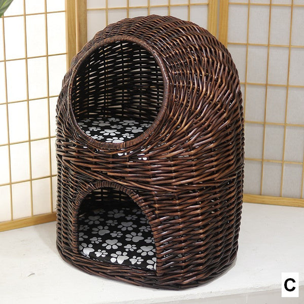 Large Double-Layer Cat Bed, Wicker Cat House Basket with Washable Cushion for Indoor Cats and Dogs-Grace Painting Crafts