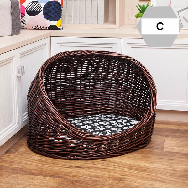 Natural Wicker Cat House Basket with Washable Cushion for Indoor Cats and Dogs, Hand woven Rattan Cat Bed-Grace Painting Crafts