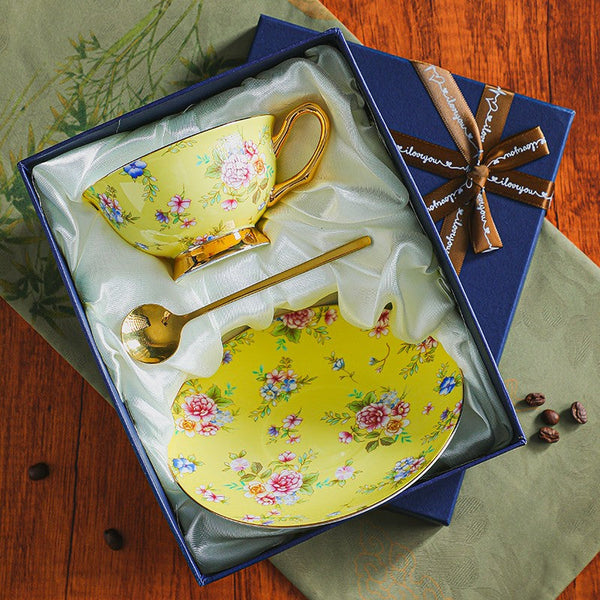 Ceramic Coffee Cup with Saucer, Traditional English Tea Cup and Saucer Set, Floral Porcelain Tea Cup and Saucer Set, Afternoon British Tea Cup with Saucer-Grace Painting Crafts