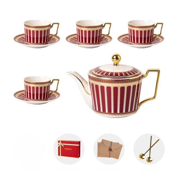 Beautiful Porcelain Tea Cup and Saucer Set, Red Tea Cup and Saucer Set with Teapot in Gift Box, Modern Ceramic Coffee Cups
