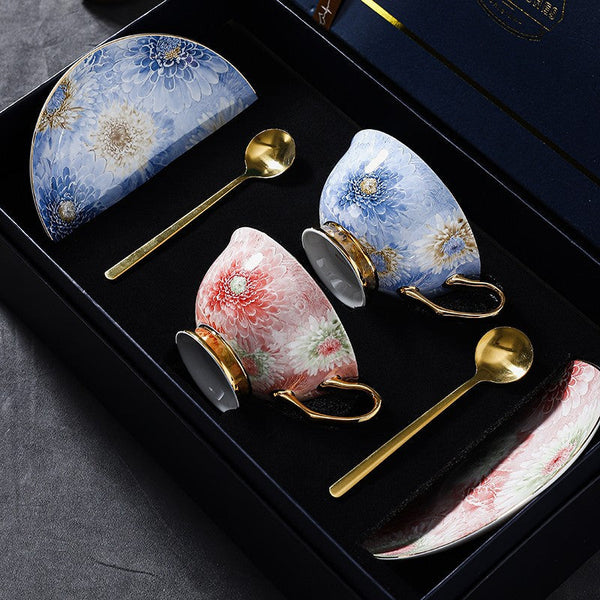 Blue and Pink Beautiful British Tea Cups, 8 oz Ceramic Coffee Cups, Creative Porcelain Tea Cup Saucer Set, Unique Tea Cup and Saucer in Gift Box-Grace Painting Crafts