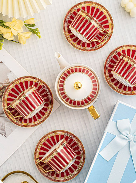 Beautiful Porcelain Tea Cup and Saucer Set, Red Tea Cup and Saucer Set with Teapot in Gift Box, Modern Ceramic Coffee Cups