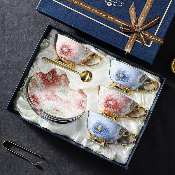 Blue and Pink Beautiful British Tea Cups, 8 oz Ceramic Coffee Cups, Creative Porcelain Tea Cup Saucer Set, Unique Tea Cup and Saucer in Gift Box-Grace Painting Crafts