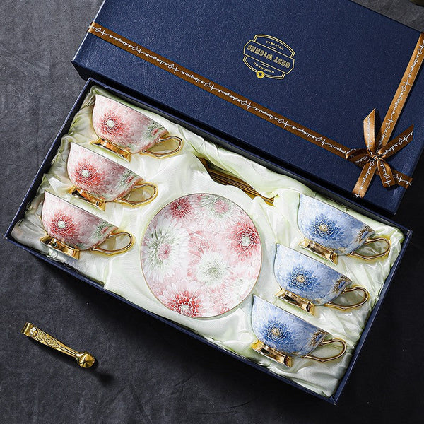 Blue and Pink Beautiful British Tea Cups, Elegant Ceramic Coffee Cups, Creative Bone China Porcelain Tea Cup Set, Unique Tea Cups and Saucers in Gift Box