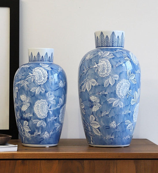 Large Flower Vases on Dining Table, Blue Porcelain Flower Vases, Centerpiece Ceramic Bouquet Vases, Handmade Modern Flower Vase-Grace Painting Crafts