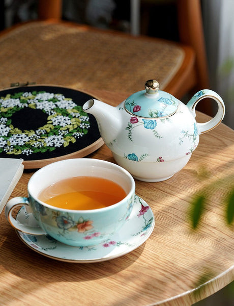 Porcelain Teapot with Matching Cup and Saucer in Gift Box, Stackable Teapot and Cup Set, Ceramic Tea Pot with Integrated Cup, Mother and Baby Teapot with Matching Saucer-Grace Painting Crafts