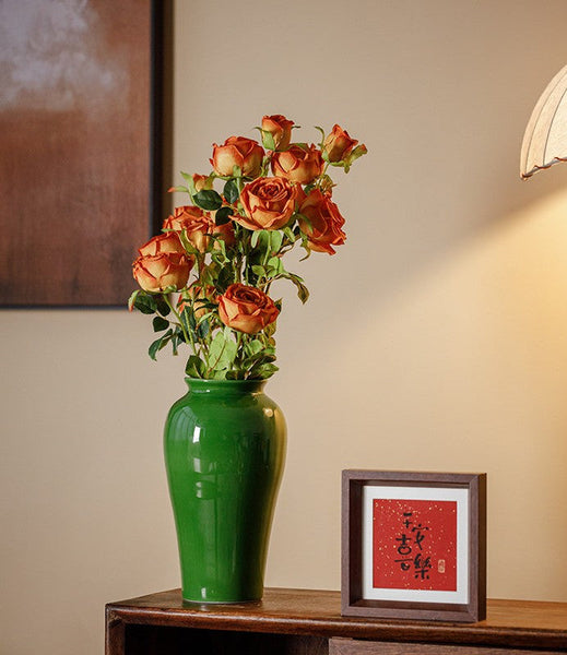 Handmade Water Holding Flower Vase, Centerpiece Ceramic Bud Vases, Green Porcelain Flower Vases, Vintage Flower Vases on Table-Grace Painting Crafts