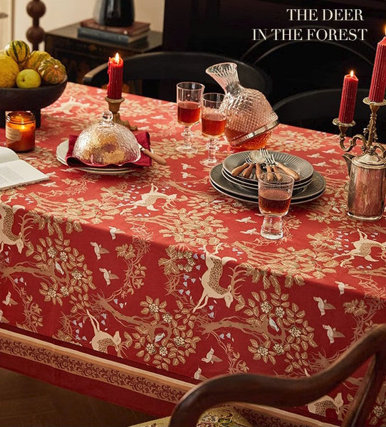Long Modern Rectangular Tablecloth for Dining Room Table, Forest Deer Red Table Covers, Square Tablecloth for Kitchen, Extra Large Tablecloth for Round Table-Grace Painting Crafts