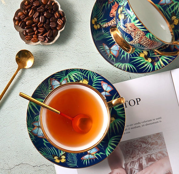 Creative Leopard Ceramic Coffee Cups, 6.8 oz Tea Cup and Saucer in Gift Box as Birthday Gift, Beautiful British Tea Cups, Creative Porcelain Tea Cup Set-Grace Painting Crafts