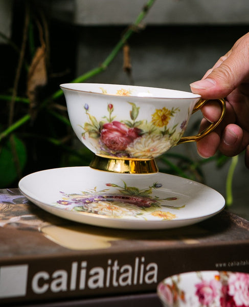 Elegant Rose Flower Ceramic Cups, Unique Royal Coffee Cup and Saucer, Creative Bone China Porcelain Tea Cup Set, Beautiful British Tea Cups-Grace Painting Crafts