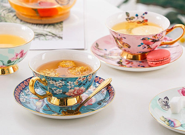 Unique Afternoon Tea Cups and Saucers in Gift Box, Royal Bone China Porcelain Tea Cup Set, Elegant Flower Pattern Ceramic Coffee Cups, Beautiful British Tea Cups-Grace Painting Crafts