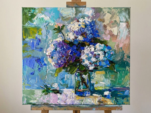 Blue Hydrangeas in Full Bloom, Hand Painted Canvas Art, Still Life Painting, Small Canvas Artwork, Original Flower Paintings, Impasto Heavy Texutre Art-Grace Painting Crafts