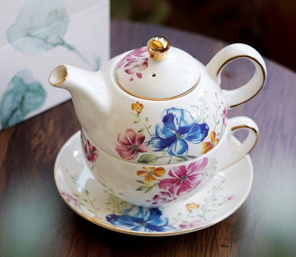 Ceramic Tea Pot with Integrated Cup, Stackable Teapot and Cup Set, Porcelain Teapot with Matching Cup and Saucer in Gift Box, Mother and Baby Teapot with Matching Saucer-Grace Painting Crafts