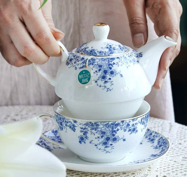 British Style Porcelain Teapot with Matching Cup and Saucer in Gift Box, Ceramic Tea Pot with Integrated Cup, Stackable Teapot and Cup Set, Mother-and-Baby Teapot with Matching Saucer-Grace Painting Crafts