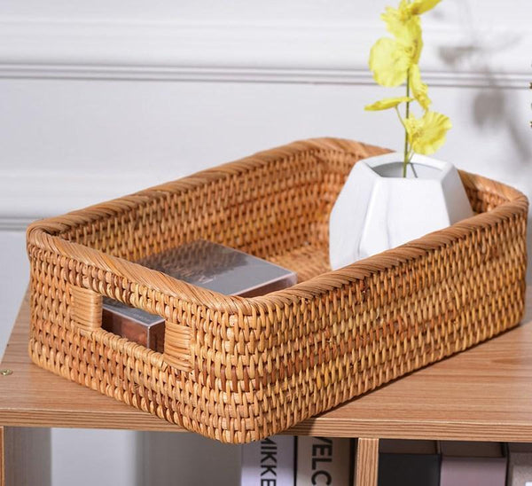 Woven Rectangular Basket with Handle, Rattan Storage Basket for Shelves, Woven Storage Baskets for Bathroom-Grace Painting Crafts