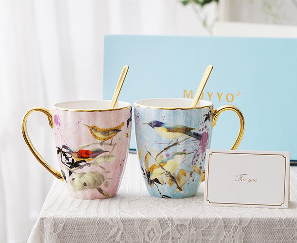 Elegant Ceramic Coffee Mug, Beautiful Bird Flower Ceramic Mug, Large Creative Bone China Porcelain Mug, Large Capacity Ceramic Mugs for Office-Grace Painting Crafts