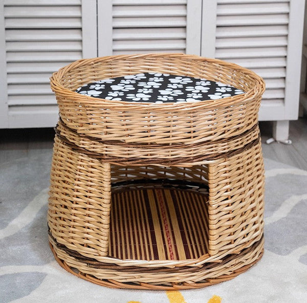 Large Double-Layer Cat Bed, Wicker Cat House Basket with Washable Cushion for Indoor Cats and Dogs-Grace Painting Crafts