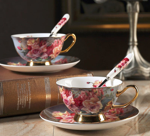 Ceramic Tea Cup and Saucer in Gift Box, Rose Flower Royal Porcelain Tea Cup Saucer Set, Elegant Ceramic Coffee Cups, Beautiful British Tea Cups-Grace Painting Crafts