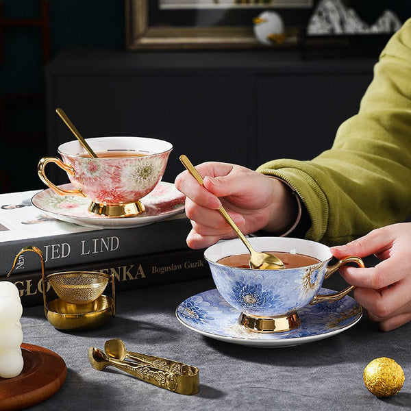 Blue and Pink Beautiful British Tea Cups, 8 oz Ceramic Coffee Cups, Creative Porcelain Tea Cup Saucer Set, Unique Tea Cup and Saucer in Gift Box-Grace Painting Crafts